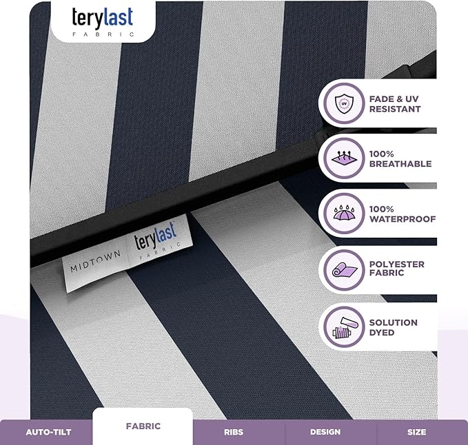 Midtown Umbrellas 10-Year-No-Fade - 9 Ft - UV Proof Navy Stripes Polyester Fabric - Umbrella Outdoor Patio, Auto-Tilt Aluminum Frame Patio Umbrella for Garden, Pool & Deck - Black Pole