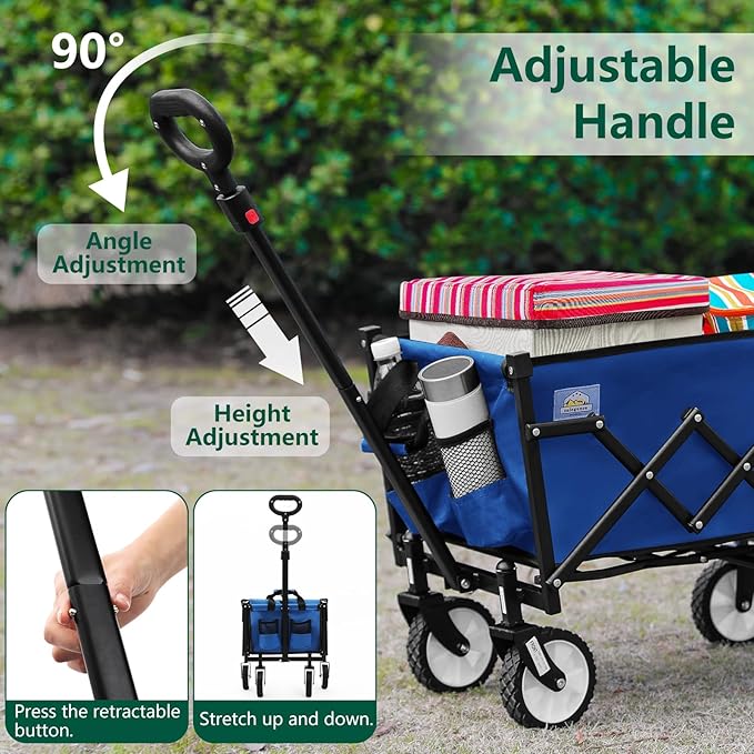Folding Wagon Cart with Wheels and Tailgate, 330 lbs 120 l Capacity, Adjustable Handle, Portable Collapsible Utility Wagon Cart for Groceries, Outdoor Camping, Shopping, Garden (Blue)