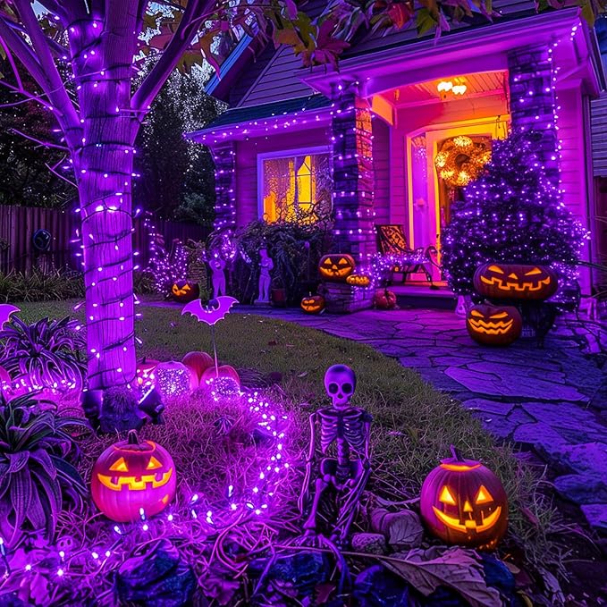 JMEXSUSS 250 LED Halloween String Lights, 91.5ft Purple Halloween Lights Outdoor Waterproof, 8 Lighting Modes Connectable Christmas Tree Light for Yard Patio Party Holiday Decorations