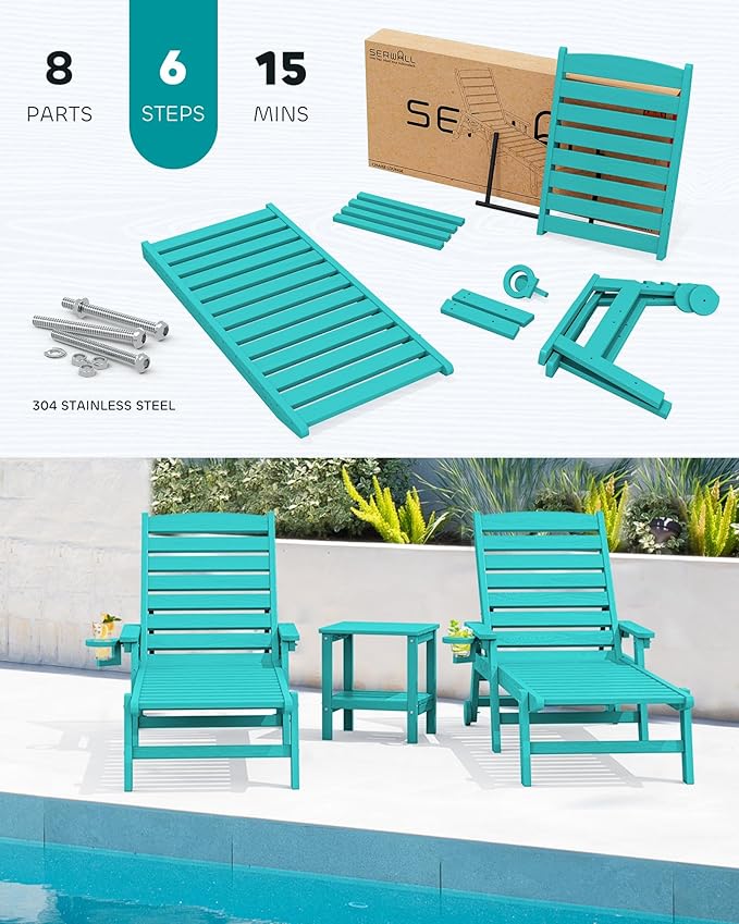 SERWALL Patio Chaise Lounge, HDPE All-Weather Outdoor Lounge Chair for Deck, Poolside, Aqua Blue, 1 pack