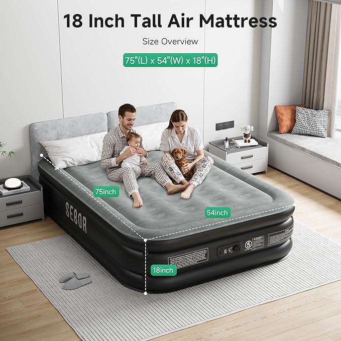 Air Mattress Full with Built-in Pump 18", Comfortable Self-Inflating Air Mattress with High-Speed Pump, Durable Blow Up Mattress Full with Storage Bag for Guests, Camping, Travel