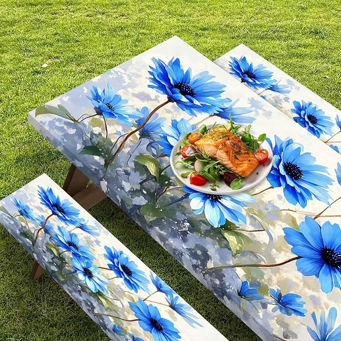CAPSCEOLL Fitted Picnic Table Cover with Bench Covers with Elastic 8Ft Waterproof Camping Picnic Table Cover Cloths for Outdoors Camping Tablecloth with Drawstring Bag, 96X30in, Blue Flowers