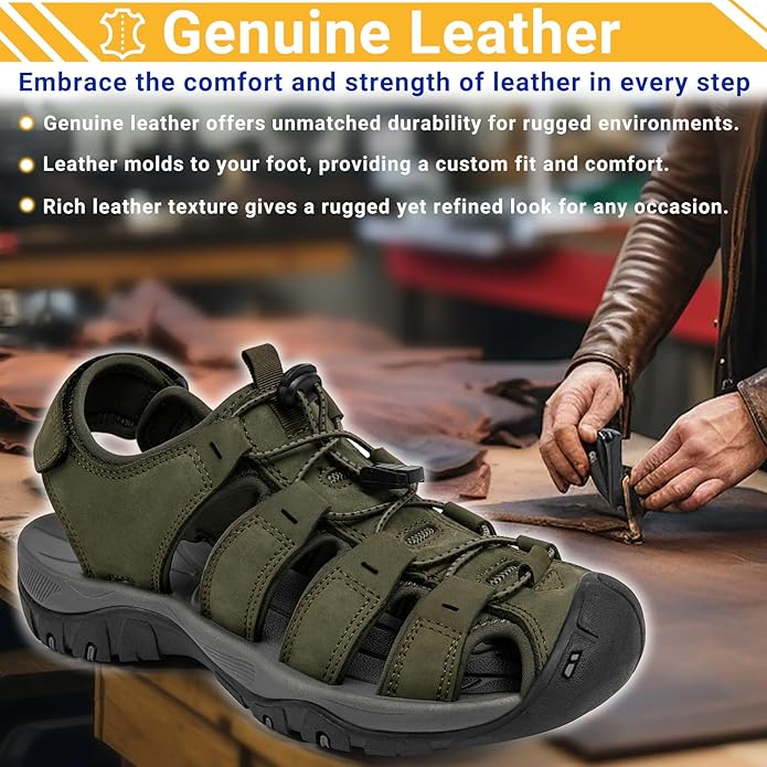 Men's Sport Sandals Closed Toe Leather Hiking Athletic Walking Outdoor Beach Trail River Fishing Water Shoes Lightweight Comfortable Waterproof
