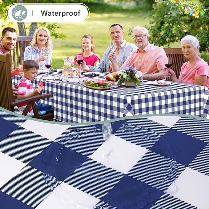 misaya Rectangle Waterproof Vinyl Table Cloth, Buffalo Flannel Backed Tablecloth, Wipeable Plastic Table Cover for Dinner, Kitchen, Outdoor (60" x 144", White and Navy)