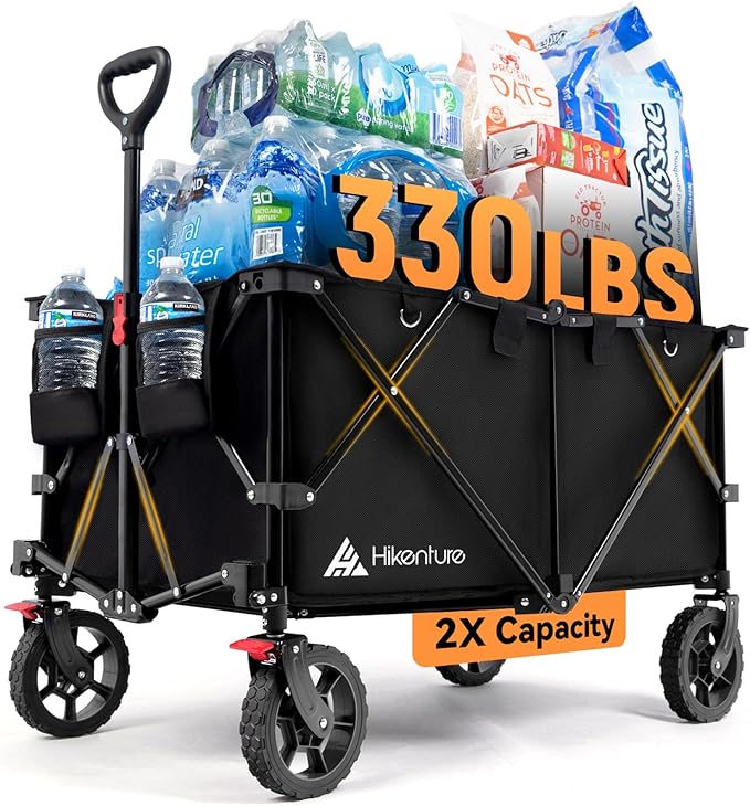 Hikenture Collapsible Wagon 330LBS Capacity, 200L Extra Large Wagons Carts Foldable, Heavy Duty Folding Wagons with All-Terrain Wheels, Utility Beach Cart for Outdoor Garden, Black