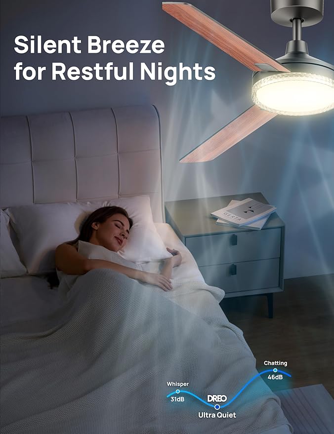 Dreo Smart Ceiling Fans with Lights, 52 Inch Black Ceiling Fan, 12 Speeds & 3 Fan Modes, Stepless Color Tones, Dimmable LED Light, 1-12H Timer, Quiet DC Motor, Remote/APP/Alexa/Wall Switch Control