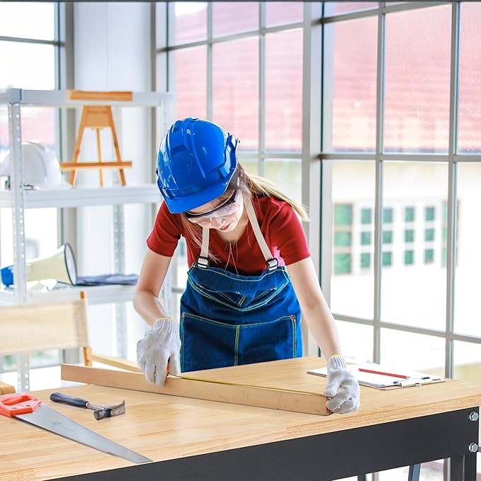 70'' Adjustable Workbench, Rubber Wood Top Work Bench Heavy-Duty Work Table with Socket, Wheels and Fixed Legs 2000 LBS Load Capacity Hardwood Sewing Table for Garage, Workshop, Home, Office