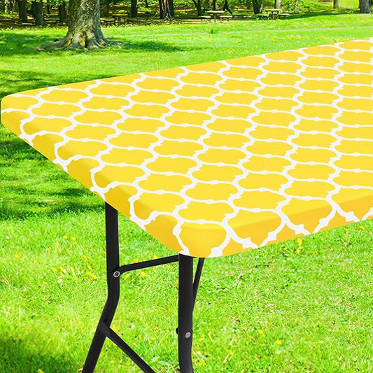 Smiry Rectangle Picnic Table Cover, Waterproof Elastic Fitted Camping Tablecloths for 6 Foot Tables, Wipeable Flannel Backed Vinyl Tablecloth Protector for Indoor, Outdoor (Yellow, 30x72 Inches)