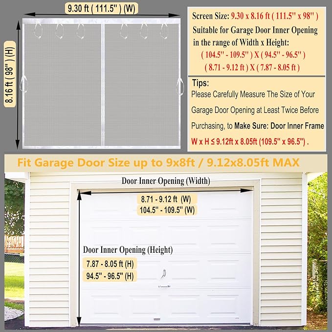 Magnetic Garage Door Screen Kit 9x8 FT White - Retractable Mesh Net Screen Door with Fiberglass Mesh for 1 Car Garage 9x8ft, Blocks Bugs & Provides Privacy - Perfect for Workshop, Gym, Patio