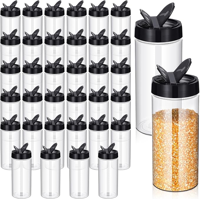 Zhehao 36 Pcs 16 oz Plastic Spice Jars Containers with Black Cap Large Spice Bottles with Shaker Lids for Kitchen Storage Seasoning Powder Herbs Cabinet