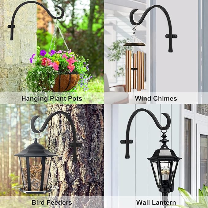 GameXcel Hanging Plant Bracket, 4PCS 12in Large Plant Hangers Outdoor Indoor Heavy-Duty Metal Wall Plant Hooks Plant Hanger with Screws for Home Decor Bird Feeders Lanterns Wind Chimes Decorative