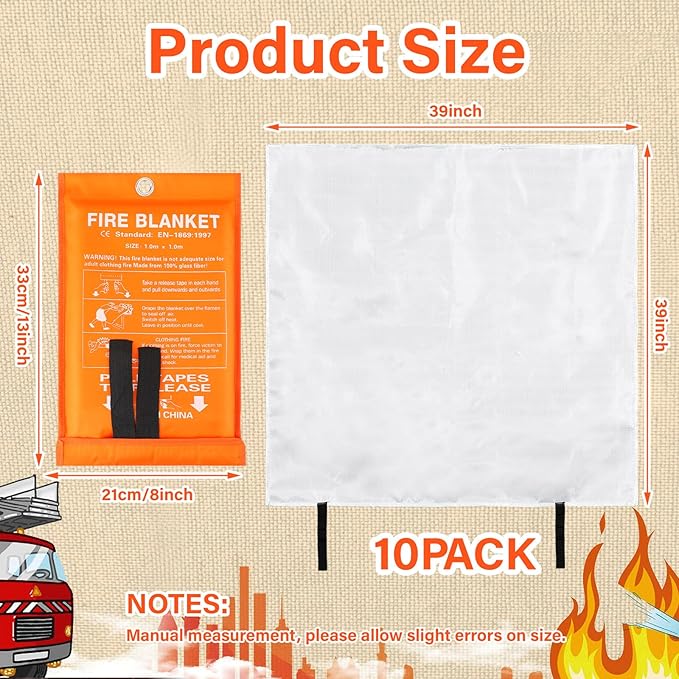Macarrie 10 Pack 39” x 39” Fire Blanket Emergency for Home Kitchen Safety Suppression Blanket Fiberglass Fireproof Survival for Car Office (Orange)