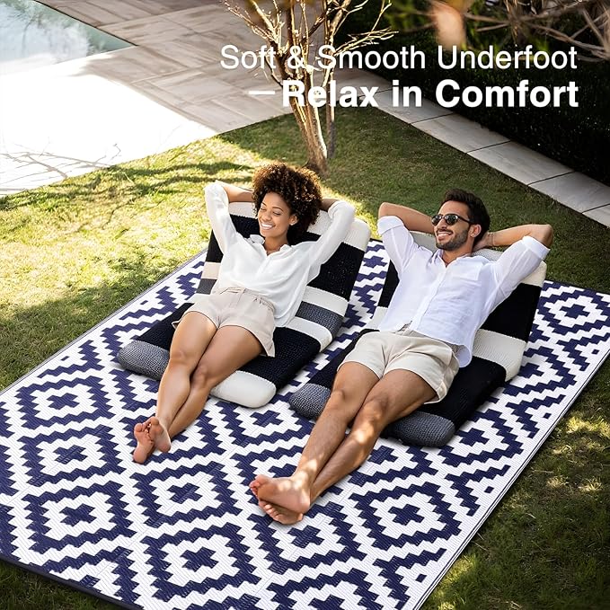 OLANLY Waterproof Outdoor Rug 10x14 ft, Outdoor Plastic Straw Rug for Camping, RV Mat Outside, Indoor Outdoor Carpet for Porch, Deck, Backyard, Balcony, Picnic, Navy & White