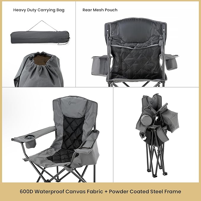 ARROWHEAD OUTDOOR Portable Folding Camping Quad Chair w/ 6-Can Cooler, Cup & Wine Glass Holders, Heavy-Duty Carrying Bag, Padded Armrests, Headrest & Seat, Supports up to 550lbs, USA-Based Support