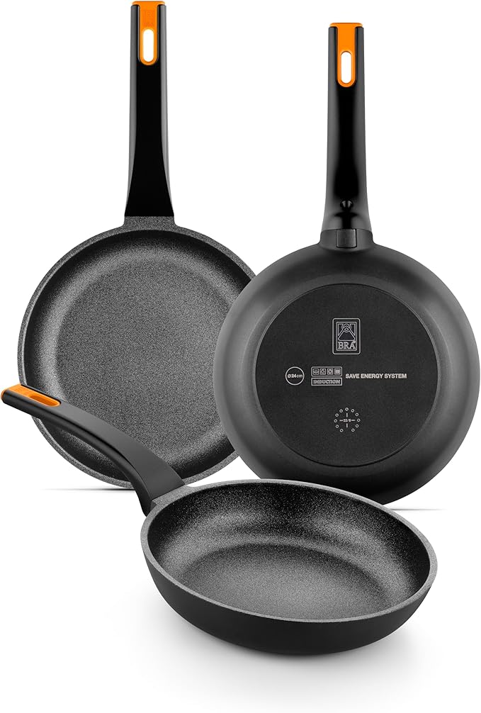 BRA COOKWARE Efficient Pro 3 Frying Pan Set | 8 + 9.5 + 11 inches Cast Aluminum Frypans | Profile Plus Non-Stick | All Heat Sources Compatible | PFOA Free | Heat-Resistant Handle | Non Deformable