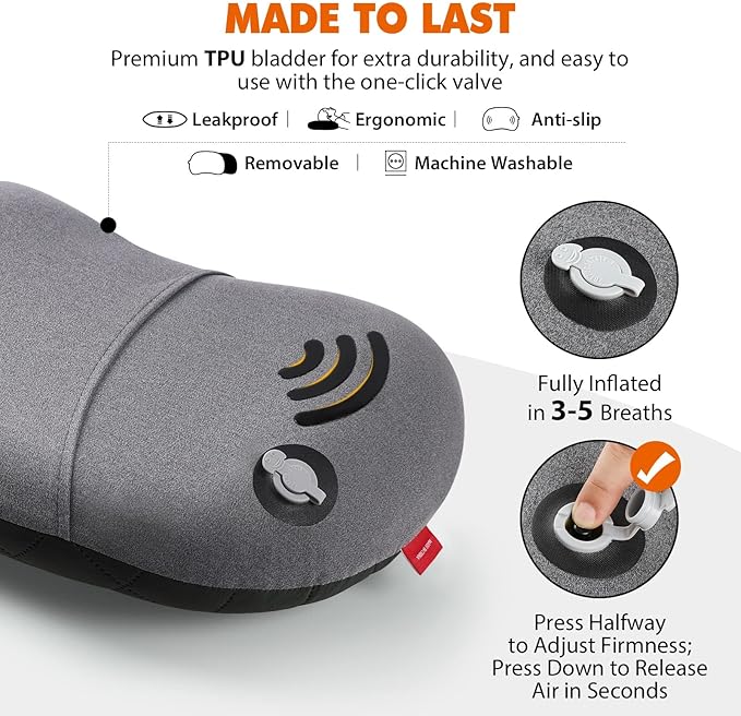 Hikenture Camping Pillow with Removable Cover, Ultralight Inflatable Backpacking Pillow for Sleeping, Blow Up Pillows, Portable&Compact Hiking Pillow for Beach, Travel, Outdoor(Grey)