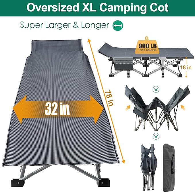 LILYPELLE Folding Camping Cot, Extra Wide Heavy Duty Sleeping Cots with Carry Bag, Double Layer Oxford Portable Travel Camp Cots for Home, Office Nap and Outdoor Beach
