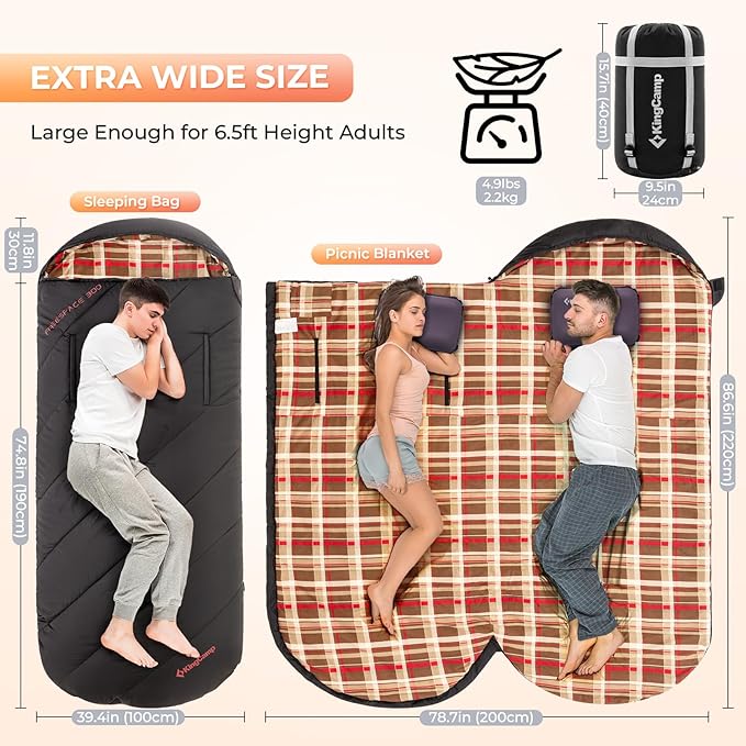 KingCamp Sleeping Bag for Adults, Cold Weather & Warm Extra Wide Big & Tall XL Portable Waterproof Flannel Sleeping Bags, Essentials Gear Accessories for Camping Backpacking Hiking Indoor & Outdoor