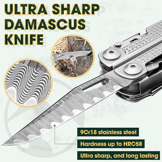 Multitools Pliers Pro, Upgraded Multi Tool With Damascus Knife, Replaceable Wire Cutters and Screwdirver Set, Foldable Multitools with Scissors, Screwdriver, Ideal for Camping,Survival, Repair