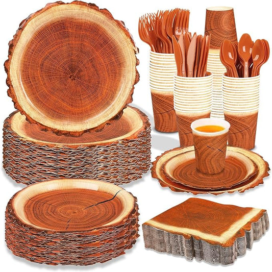 200 Pieces Camping Wood Grain Slice Party Supplies Set Paper Plate Cup Napkin for Camping Woodland Baby Shower Lumberjack Birthday Featuring a Round Wooden Slice Die Cut Edge Design Serve 25