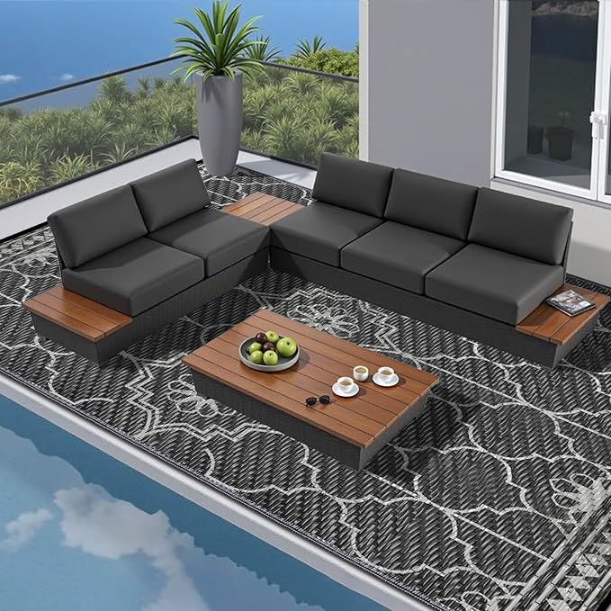 Outdoor Rug 10x14Ft, Waterproof Outdoor Patio Rug for House Deck Reversible Plastic Straw Mat for RV Camping Picnic Beach Balcony (Black Gray)