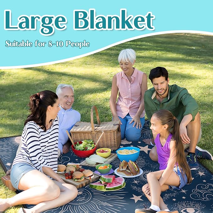 Gothic Picnic Blankets Waterproof Foldable,80″X80″ Sun and Moon Thick Picnic Mat Outdoor Blanket for Grass,Blue Large Beach Blanket Sandproof Picnic Accessories for Camping Picnic Party Park