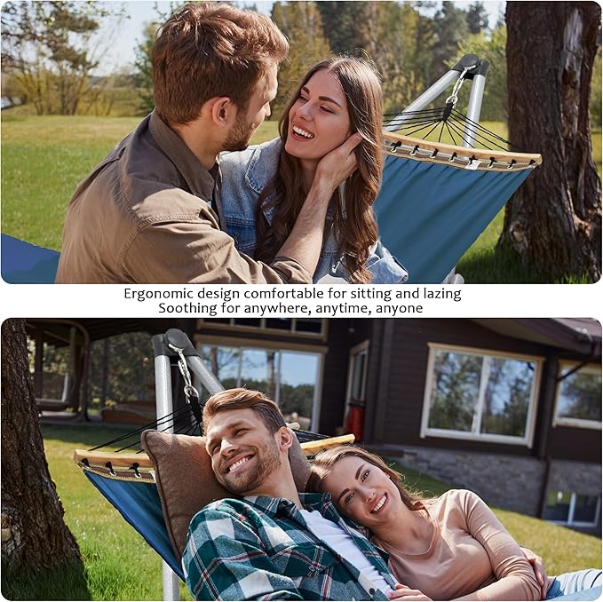 Tranquillo Ultimate Relaxation Portable Hammock Stand with Cotton Canvas, Spreader Bar, Quick Fold Unfold in 30 Seconds Steel Frame Hammock 600 lbs Capacity Hammock Set, White Frame, Blue