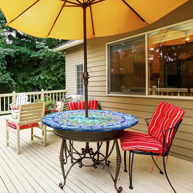 2 Pcs Round Outdoor Tablecloth with Umbrella Hole - Anti-Wrinkle Polyester Tablecloth with Elastic Zipper Table Cover for Summer Patio Camping Party(45''-53'',Mandala)