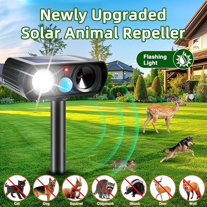 2025 4Pack Ultrasonic Animal Repellent Outdoor Solar Animal Repeller witht Motion Sensor&LED Strober Ligh Cat Deterrent Outdoor Deer Repellent Device to Scare Raccoon Squirrel Skunk Rabbit Fox Dog