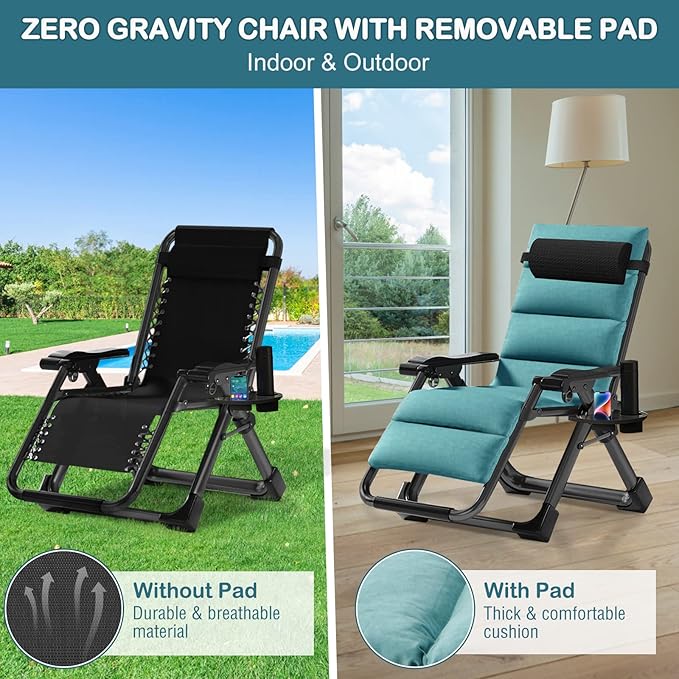 NAIZEA Padded Zero Gravity Chair, Folding Outdoor Lounge Chairs, Adjustable Reclining Camping Chairs with Cup Holder, Ergonomic Patio Lawn Chair for Balcony Beach Deck Yard