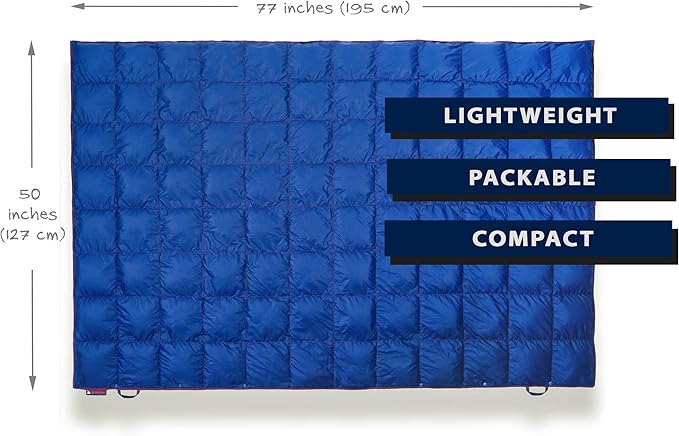 Down Camping Blanket - Puffy, Packable, Lightweight and Warm | Ideal for Outdoors, Travel, Stadium, Festivals, Beach, Hammock | 650 Fill Power Water-Resistant Backpacking Quilt