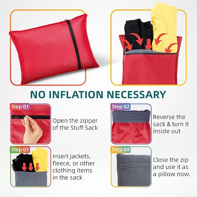 Stuffable Camping Pillow Sack (Large, Red) - 12 x 17 - Camping Essentials for Hiking, Backpacking and Travel Essentials - Sold Empty Bring Your Own Stuffing