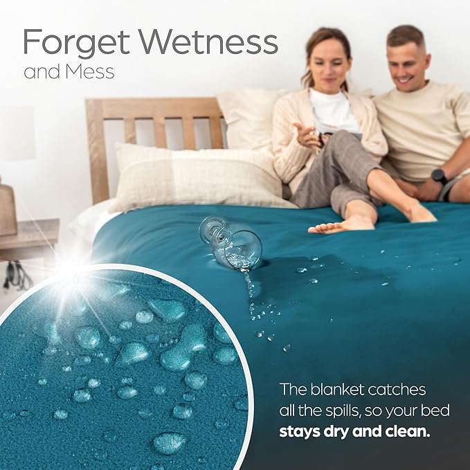 Waterproof Blanket Large – No Mess Soft and Cozy Waterproof Throw Blanket Against Accidents, Spill & Stain Proof Easy to Clean Splash Blanket Cover, Reversible Blue/Beige 80”x90”