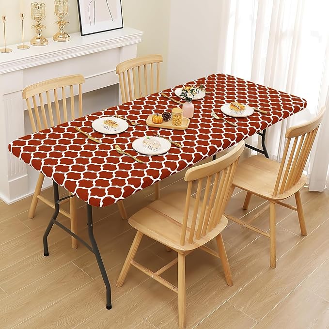 Smiry Rectangle Picnic Table Cover, Waterproof Elastic Fitted Camping Tablecloths for 4 Foot Tables, Wipeable Flannel Backed Vinyl Tablecloth Protector for Indoor, Outdoor (Rust, 30x48 Inches)