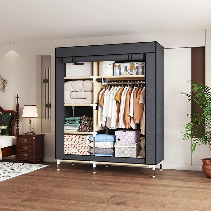 Portable Wardrobe Closet Durable and Easy to Assemble Heavy Duty Clothes Rack with Non-Woven Cover Fabric Best for Bedroom and Easy Storage and Organization (Grey-C)