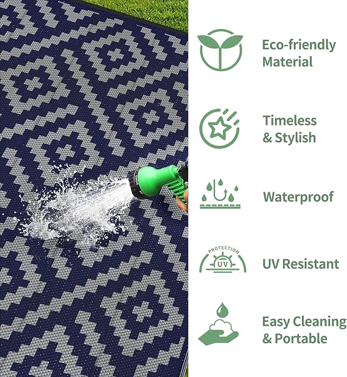 GENIMO Outdoor Rug for Patio Clearance, 6'x9' Waterproof Camping Mat, Reversible Plastic Straw Rugs for RV, Camper, Balcony, Backyard, Picnic, Deck (Blue & Grey)