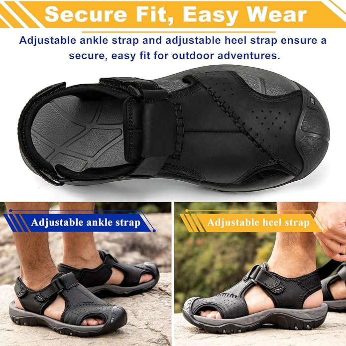 Men's Sport Sandals Closed Toe Leather Hiking Athletic Walking Outdoor Beach Trail River Fishing Water Shoes Lightweight Comfortable Waterproof