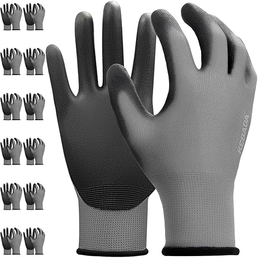 Kebada W1 Work Gloves for Men and Women, Working Gloves with Grip,12 Pairs Thin Mechanic Gloves,PU Coating on Palm & Fingers,Breathable Mens Gardening Gloves,Gray XX Large