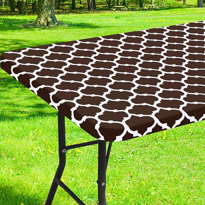 Smiry Rectangle Picnic Table Cover, Waterproof Elastic Fitted Camping Tablecloths for 4 Foot Tables, Wipeable Flannel Backed Vinyl Tablecloth Protector for Indoor, Outdoor (Coffee, 30x48 Inches)