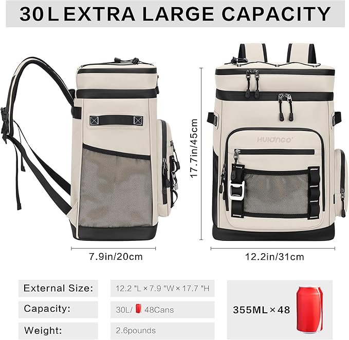 Large Waterproof Insulated Cooler Backpack for Men & Women, Leak Proof Cooler Backpack for Camping, Beach, Fishing, Picnic, Travel, Outdoor, 30L, 48Cans