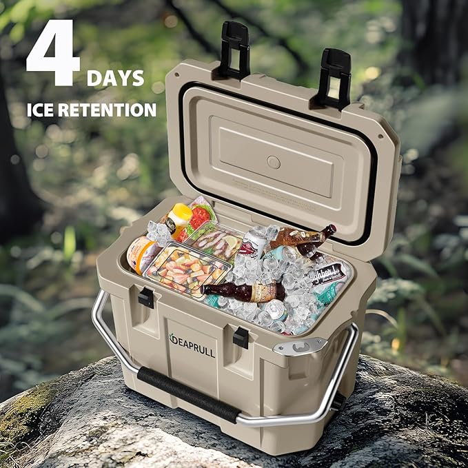 Hard Cooler, Insulated Ice Chest Box Holds Ice for More Days, Portable Cooler with Handle, Cup Holders, Double Latches for Camping Drink, Beach, Picnic, Fishing, Boat, Barbecue