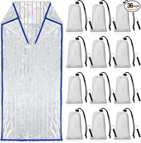 Qunclay 12 Set Emergency Sleeping Bag Survival Bivvy Sack Blanket with Whistles Lightweight Portable Thermal Survival Bag Thick Tent with Hood Extension Nylon Stuff Sack