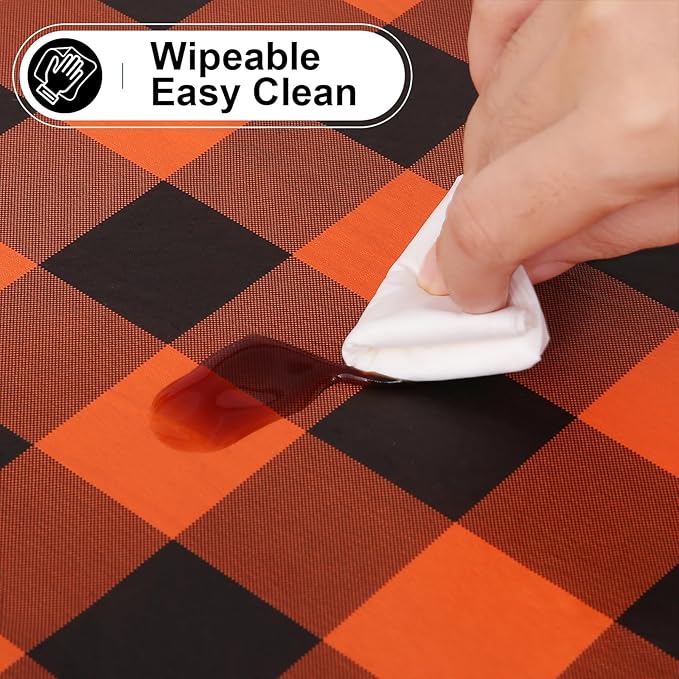 misaya Round Waterproof Vinyl Table Cloth, Buffalo Flannel Backed Tablecloth, Wipeable Plastic Table Cover for Dinner, Kitchen, Picnic (60", Orange and Black)