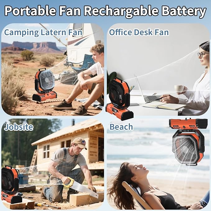 12 Inch Portable Camping Fan, 40000mAh Rechargeable Battery Powered Fan with 4 Speeds Wind and LED Light 140H, Cool & Warm Light and SOS Mode, Auto Oscillating, 360° Rotating Hang Hook(Orange)