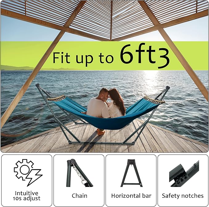 Tranquillo Canvas Hammock with Stand Heavy-Duty, Hammock Quick Fold Unfold Steel Frame Hammock, Portable Hammock Stand Spreader Bar, 600 lbs Capacity Portable Relaxation Gear, Blue