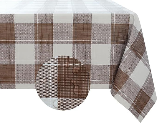 Romanstile Rectangle Plastic Tablecloth, 100% Waterproof Oil-Proof Checkered PVC Table Cloth, Heavy Duty Vinyl Table Cover for Dining, Camping, Picnic, Outdoor - 54 x 108 Inch, Brown Checkered