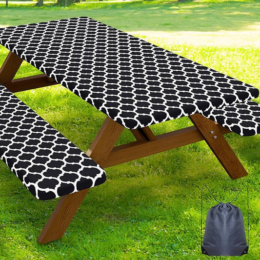 Smiry Picnic Table Cover with Bench Covers, Waterproof Elastic Fitted Tablecloth for 8 Foot Tables, Washable Polyester Tablecloths for Camping, Indoor & Outdoor (Black Morocco, 30x96 Inch 3-pc Set)