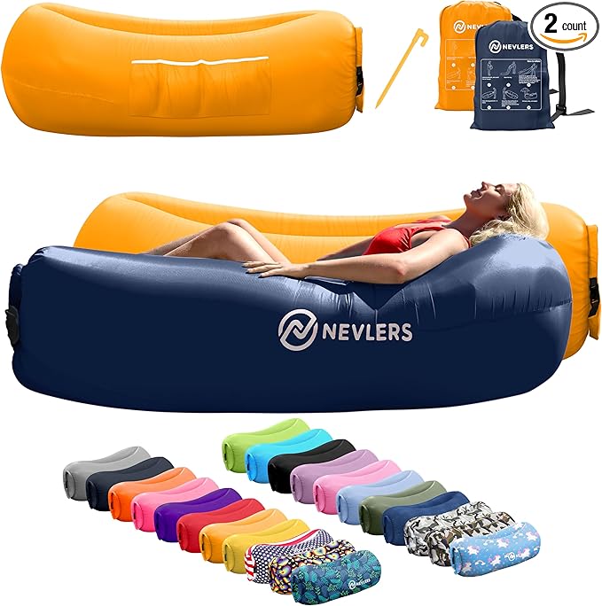 Nevlers 2 Pack Inflatable Loungers Air Sofa Couch | Perfect for Beach Chair Camping Chairs or Portable Hammock |Travel Bag Pouch, Pegs & 3 Pockets| Movie Seating & Camping Accessories Blow Up Lounger