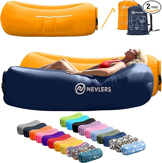 Nevlers 2 Pack Inflatable Loungers Air Sofa Couch | Perfect for Beach Chair Camping Chairs or Portable Hammock |Travel Bag Pouch, Pegs & 3 Pockets| Movie Seating & Camping Accessories Blow Up Lounger