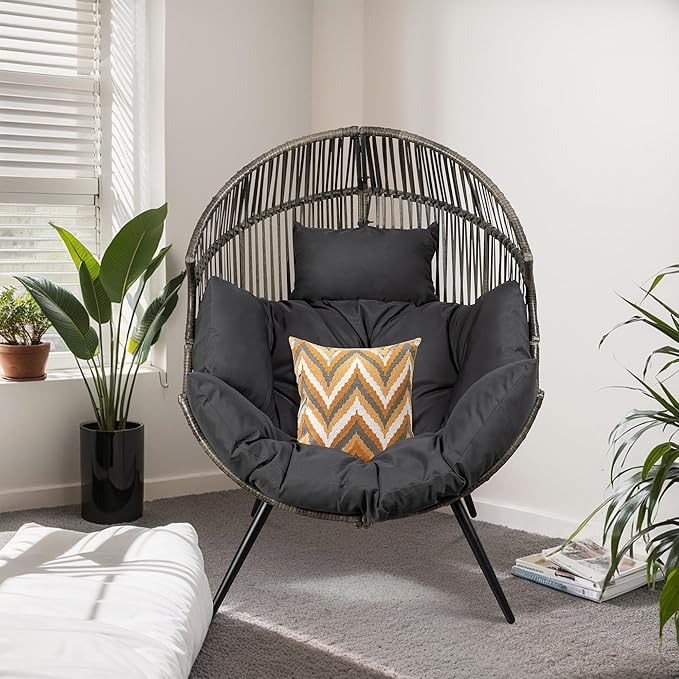 JAMFLY Egg Chair Wicker Outdoor Chairs, Oversized Patio Chair Oversized Lounger Chair with Cushion for Indoor Living Room, Bedroom, Outside Patio Backyard Balcony, Dark Gray